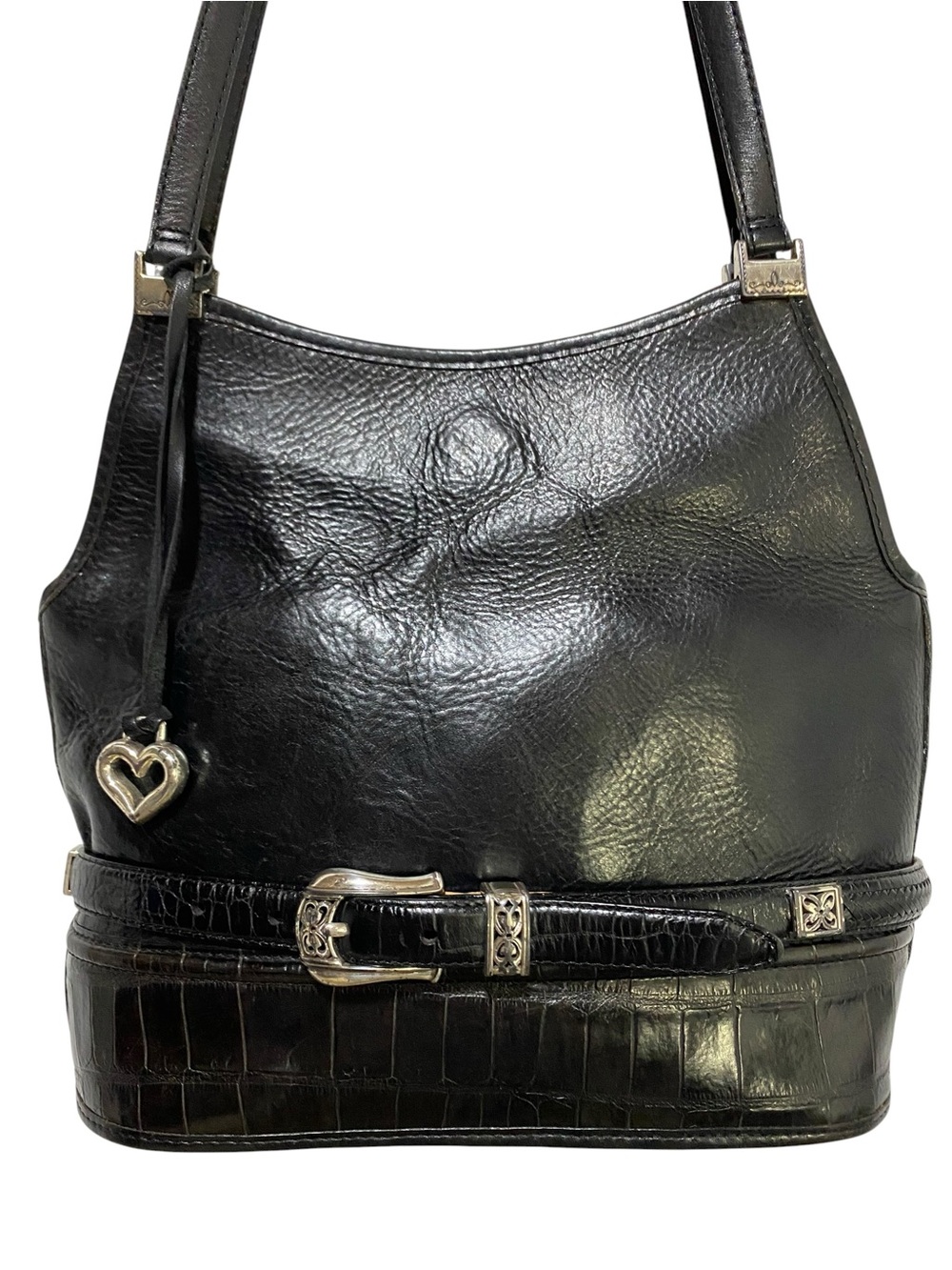 Brighton Black Leather Shoulder Bag with Silver Heart Charm